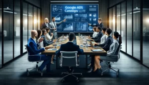 A team of PPC marketing experts collaborates in a modern office, strategizing on the role of a Google Ads agency in enhancing digital advertising campaigns.
