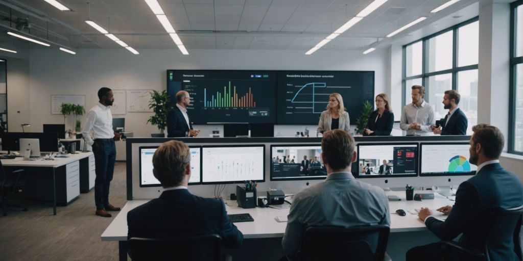 A team of professionals in a modern office discussing data on large screens, illustrating the effectiveness of campaign strategies through Case Studies.