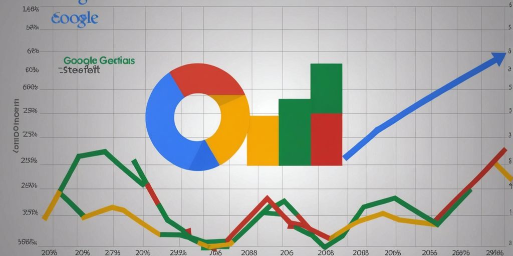 Graph depicting various performance metrics with a focus on Spending Strategies for Google Ads, featuring a large Google logo composed of pie and bar charts and trend lines in different colors.