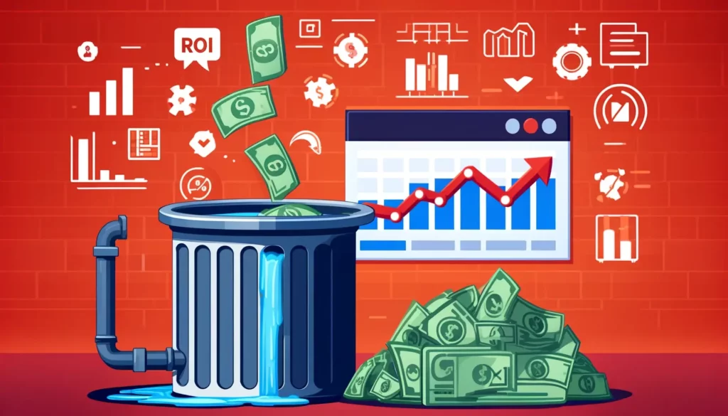 Visual representation of wasted ad spend with money being poured down a drain and a digital advertising budget chart