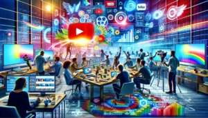 Key Innovations and Trends in Google Ads - A creative team collaboratively producing targeted video ads in a vibrant studio, utilizing YouTube's advanced options to reach a vast audience.