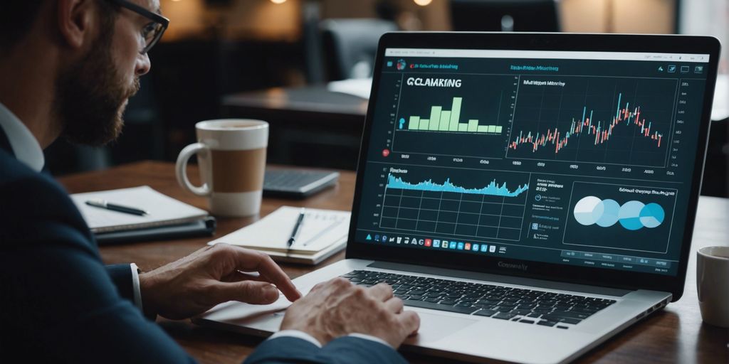 A business professional working on a laptop, analysing a dashboard with various graphs and charts, focusing on marketing analytics and performance metrics. The office setting includes a notebook and a coffee cup.