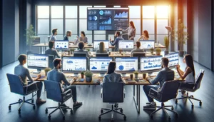 A team of professional PPC managers in a modern UK office, collaborating on PPC strategies and analysing campaign performance on multiple computer screens.