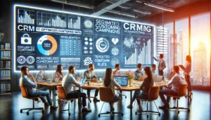 A vibrant marketing office where a team is using CRM data to optimise marketing campaigns, showing segmented customer data and personalised messaging strategies.