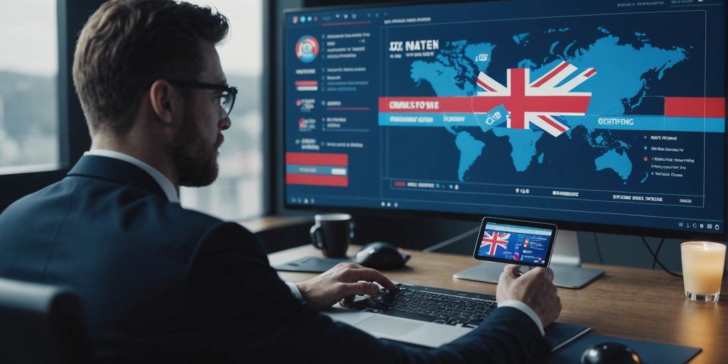 Expert Strategies for UK PPC Ad Agencies: A professional analysing PPC campaign data on a computer screen displaying a UK map and flag, showcasing strategies for expanding ad reach.