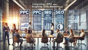 A digital marketing team collaborating and discussing expert PPC tips on integrating PPC with SEO and content marketing strategies in a modern office. The large screen displays charts, graphs, and key points on aligning PPC with other marketing efforts.