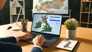 Small business owner in the UK configuring geo-targeting settings on a PPC campaign on their laptop in a modern office with a map of the UK and highlighted local areas in the background.