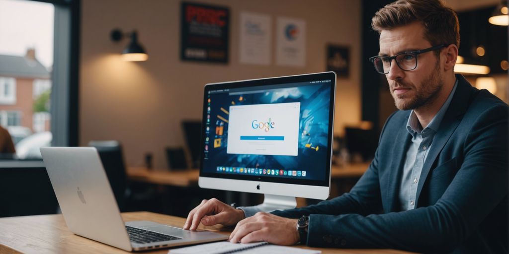 A digital marketer working on a computer, searching for expert PPC tips to enhance his campaign strategies. The office setting is professional and focused, with the screen displaying a search engine.