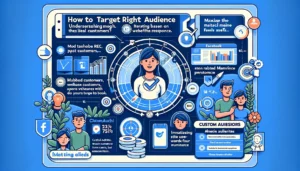 Infographic illustrating how to target the right audience with Facebook Ads, featuring sections on understanding ideal customers, monitoring ad performance, and Custom Audiences.
