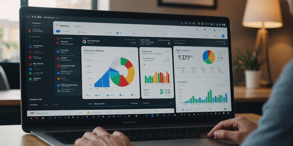 A person working on a laptop displaying a digital marketing dashboard with various charts and graphs. The screen shows data analytics, including pie charts, bar graphs, and line charts, representing different metrics and performance indicators.