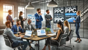 A modern office showcasing a diverse team of certified PPC professionals at the best PPC agency in the UK, collaborating on Google ads PPC and Google Adwords PPC campaigns.