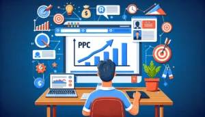 An image illustrating the benefits of PPC advertising for small businesses with a small business owner looking at a computer screen displaying a successful PPC campaign and rising graph metrics.
