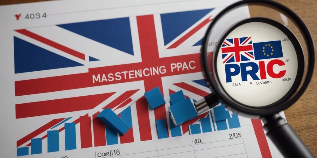 Magnifying glass highlighting the term PRIC on a British flag-themed graph, illustrating winning PPC campaigns for UK brands.