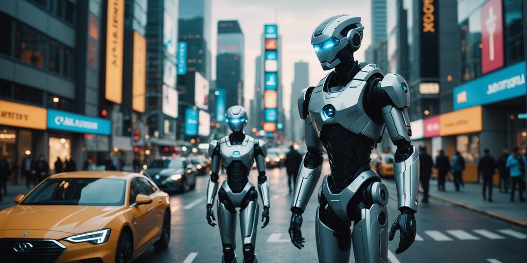 Two advanced humanoid robots walking on a busy city street, surrounded by modern buildings and vehicles, including a yellow car. The robots have sleek, silver exteriors with glowing blue accents, blending seamlessly into the urban environment.