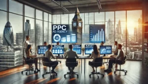 A team of professionals in a modern London office, reviewing PPC advertising strategies with large monitors displaying budget adjustments and performance metrics, highlighting the importance of maximising ad spend with a PPC ad agency in London.