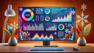 A vibrant digital marketing dashboard illustrating the impact of seasonality on Google Ads, with graphs, charts, and metrics reflecting seasonal trends. The background includes elements like snowflakes, flowers, and autumn leaves.