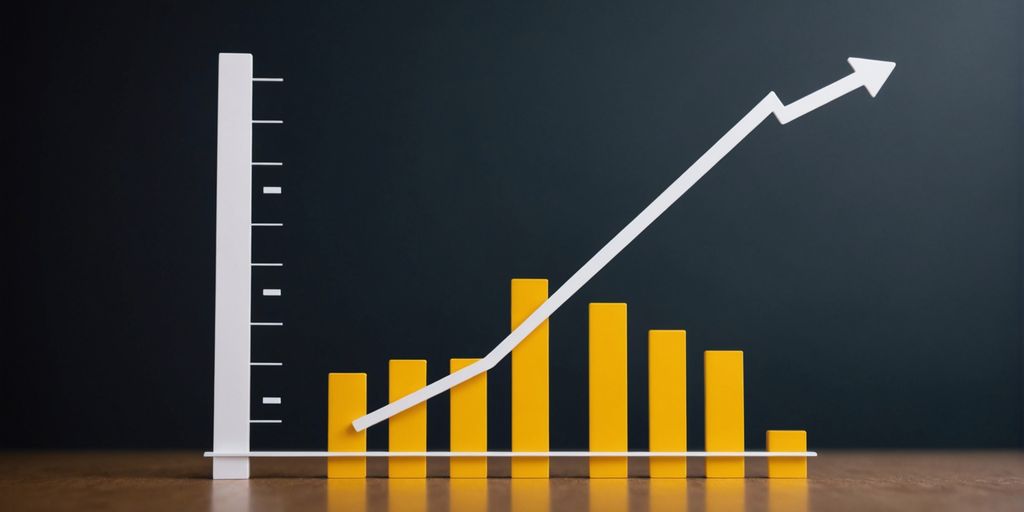 A graph with yellow bars and a rising white arrow, illustrating the growth achieved through effective PPC strategies.