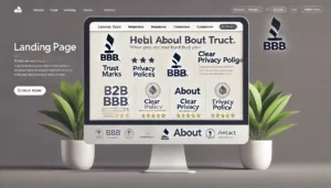 The Secret Behind High Conversion Websites involves building trust through transparency. A website landing page features trustmarks like the BBB logo, clear privacy policies, an 'about' page, and thorough contact information, creating a sense of reliability and comfort.