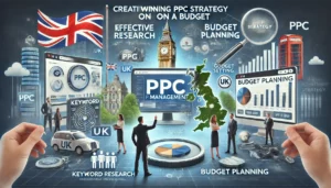 Effective PPC Management Strategies illustration showing how to create a winning PPC strategy on a budget, featuring keyword research, budget planning, and goal setting with UK-specific elements like the British flag and landmarks.