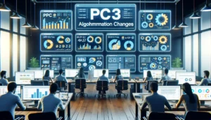 Digital marketing professionals monitoring algorithm changes in the evolution of PPC on multiple screens in a modern workspace.