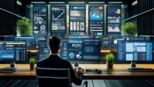 What Is The Future of PPC? A digital marketer working in a high-tech environment with multiple screens displaying various PPC campaigns.
