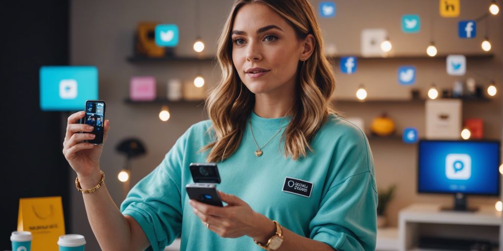 A female influencer holding a smartphone and demonstrating a product, with social media platform icons in the background, showcasing the role of influencers in marketing.