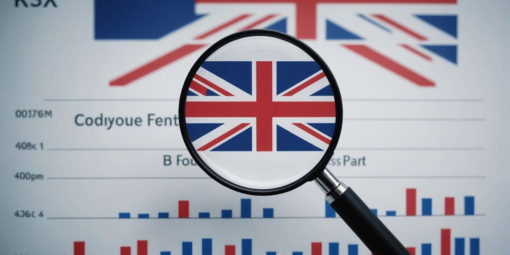 A magnifying glass highlighting the Union Jack on a background of charts and graphs, showcasing how UK PPC ad agencies identify profitable audiences through data analysis.