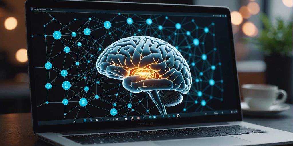 The Secret Behind High Conversion Websites is understanding the brain's response to digital interfaces. An image of a laptop displaying a neural network overlay on a brain, symbolising the connection between neuroscience and web design.