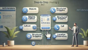 Step-by-step guide interface on setting up and managing ad extensions in a digital advertising platform, showcasing sitelink, callout, structured snippets, call, and location extensions.