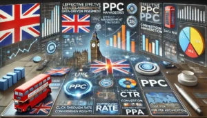  Effective PPC Management Strategies illustration showing the importance of leveraging data-driven insights, featuring key PPC metrics like Click-Through Rate (CTR), Conversion Rate, and Cost Per Acquisition (CPA) with UK-specific elements like the British flag and landmarks.