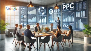  A modern office with a team of professionals discussing strategies around a table at a UK PPC ecommerce agency, with charts and graphs on the wall showing various PPC metrics.