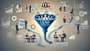 The role of lead generation in the sales process, showing a funnel from lead to customer with stages of identifying, attracting, nurturing, and converting leads.