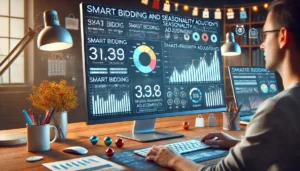 A digital marketing team working on a large screen, demonstrating seasonality adjustments in Google Ads with graphs, charts, and settings related to Smart Bidding during various seasons like holidays and sales events.