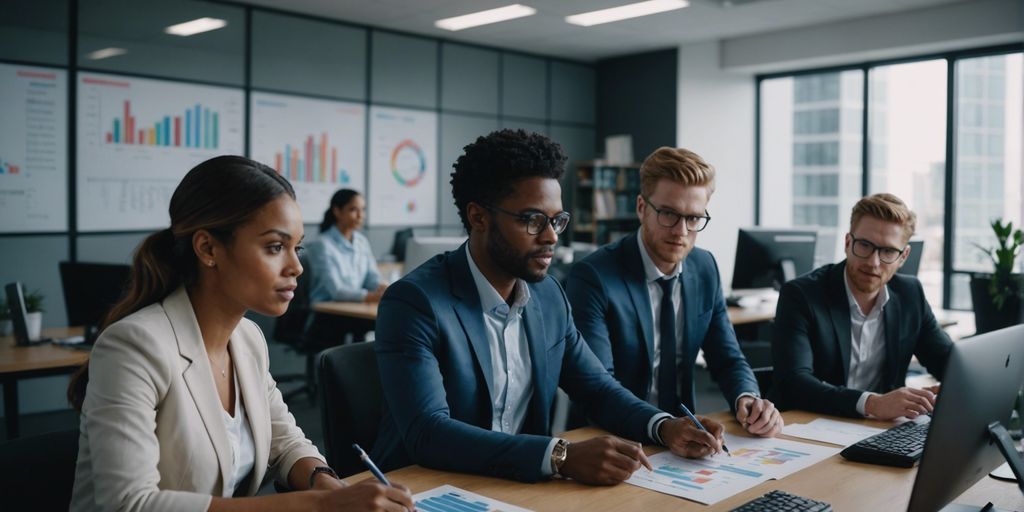 A diverse team of professionals in a modern office analyzing data and charts, illustrating How UK Businesses Thrived with Top PPC Ad Agencies.