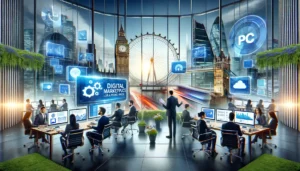 A dynamic digital marketplace scene in London showcases the effectiveness of top UK PPC ad agencies in maximising online visibility, with iconic landmarks like the London Eye and Tower Bridge, digital marketing elements, and professionals working on strategies.
