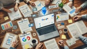 A collaborative workspace featuring a laptop displaying Google Docs integrated with Jasper.ai, surrounded by documents and collaborative tools, illustrating seamless integration and enhanced productivity.