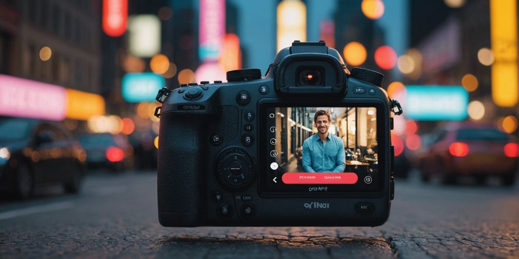 A camera on a city street at night with its screen displaying a man smiling, demonstrating the impact of ad extensions on visual content capture.