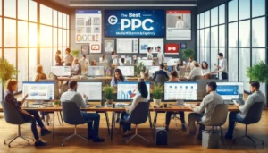 A diverse office environment showcasing professionals at PPC Geeks working on digital marketing campaigns across multiple platforms, highlighting why PPC Geeks is the best PPC agency.