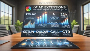 Digital advertising statistics dashboard displaying the impact of ad extensions on click-through rates (CTR) with various extensions like sitelink, callout, structured snippets, call, and location extensions.