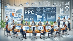 Top Strategies in eCommerce PPC. A diverse team of digital marketers working collaboratively in an office with large screens displaying analytics and charts, focusing on mastering eCommerce PPC strategies.