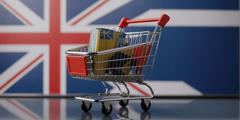 Shopping cart filled with various items in front of a background featuring the UK flag, symbolizing tangible outcomes and real results.