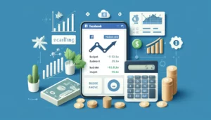 Facebook Ads Guide: Budgeting and Scaling Your Ad Campaigns. An image showing a Facebook ad dashboard with budget settings, a bar graph of budget allocation, and arrows indicating gradual scaling, alongside elements of financial planning.