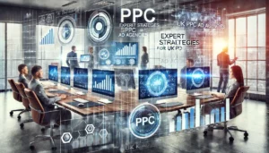 A dynamic digital marketing workspace with PPC experts collaborating, illustrating Expert Strategies for UK PPC Ad Agencies in adapting to market changes.