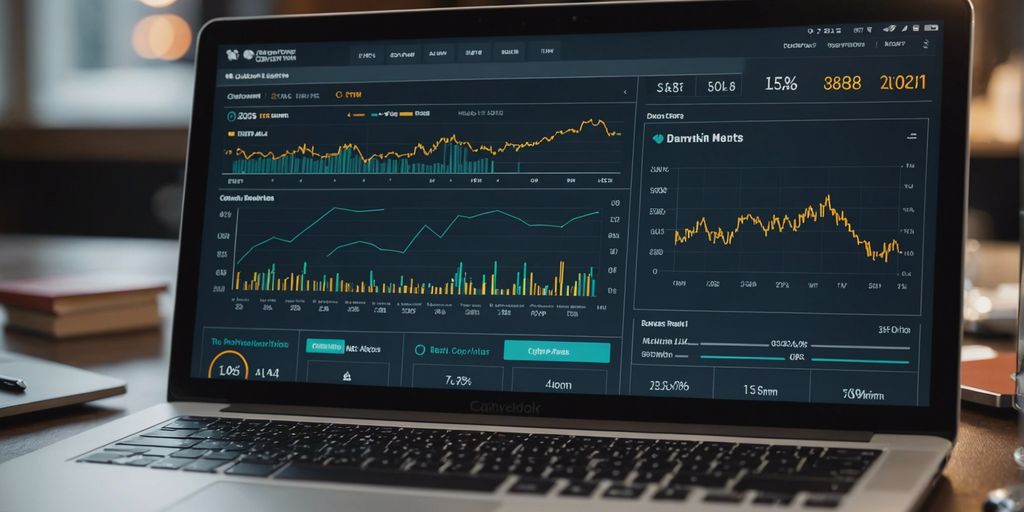 A laptop displaying various performance metrics and data analytics charts, including graphs showing trends and statistics, set in a professional office environment.