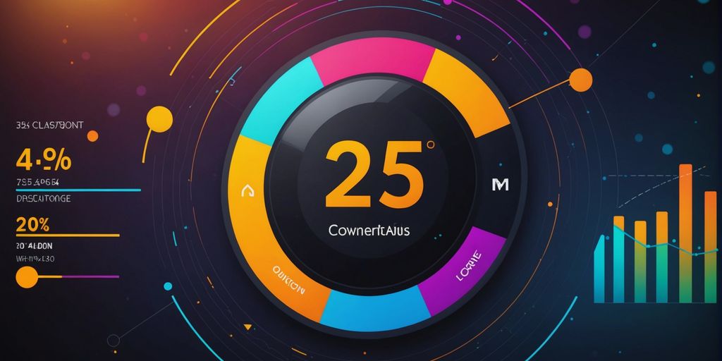 A vibrant infographic displaying various metrics and statistics, highlighting the CTA formula with a central circular gauge reading 25%. The design includes colorful segments, percentage values, and a bar graph, emphasizing data analysis and conversion rates.