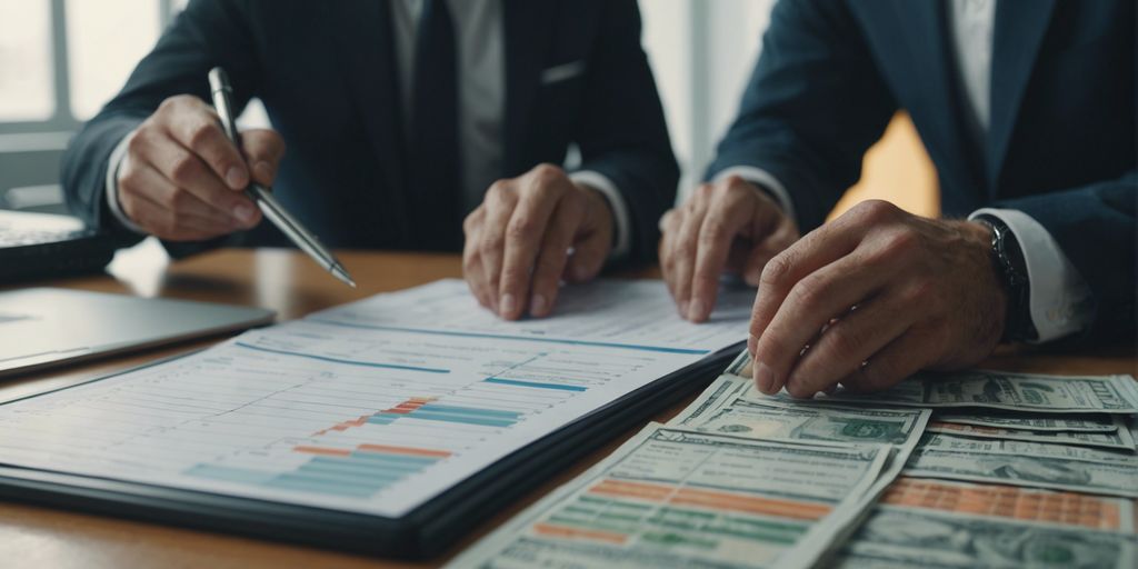 Business professionals analyzing financial documents with stacks of cash on the table, asking are PPC ads worth it, representing the evaluation of financial investments.