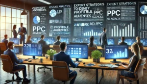 A sophisticated marketing office with PPC experts analysing data, illustrating Expert Strategies for UK PPC Ad Agencies in unlocking profitable audiences for UK brands.