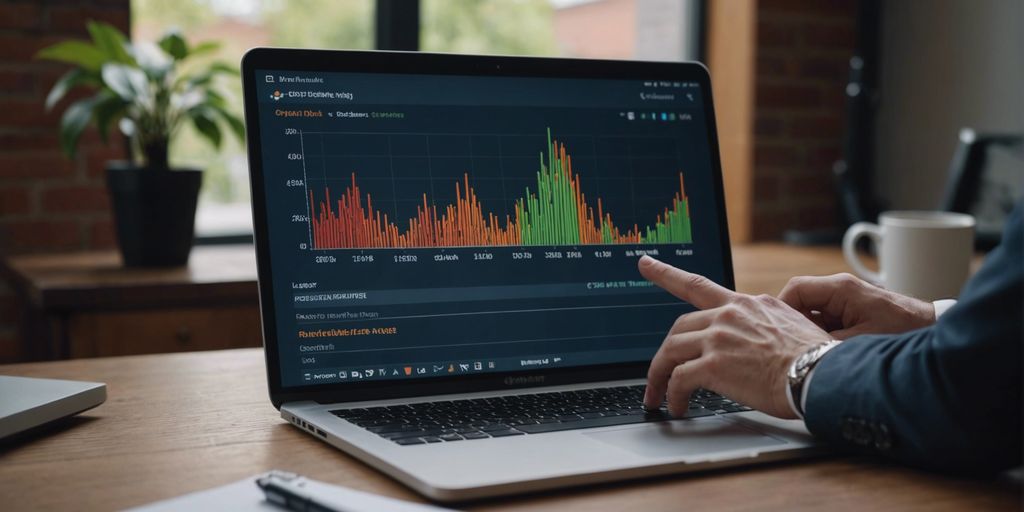 PPC Strategies for Small Businesses in the UK: A close-up of a laptop screen displaying colourful performance charts being analyzed by a person.