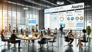Creating a centralised collaboration space with Asana, the image depicts a modern office where internal teams and a Google ads agency collaborate using Asana dashboards and task boards.