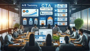 Digital marketing team working on A/B testing for call-to-action buttons with a large screen displaying different versions of CTAs and performance metrics. CTA formula.